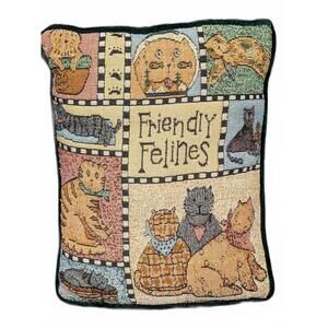 Friendly Felines - Debbie Mumm Cat Theme Tapestry Throw Pillow with Green Velvet